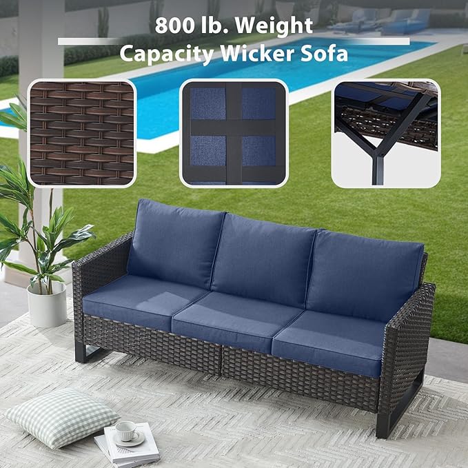 6 Piece Wicker Patio Furniture Set - Outdoor Swivel Rocker Chairs Set with Coffee Table, 3 Seat Sofa & Ottomans, Small Patio Conversation Sets Proch Furniture for Balcony Deck - Brown/Blue