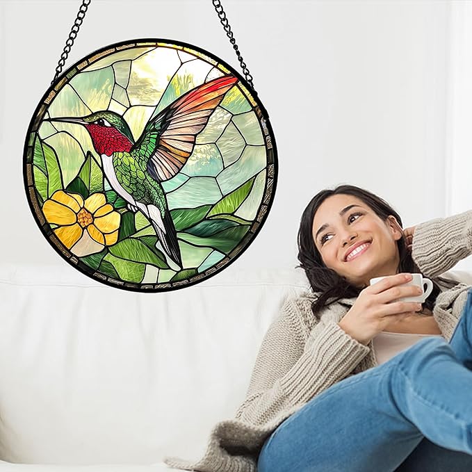 Stained Glass Window Hanging, Green Hummingbird Sun Catcher for Door Home Decor, Birds Suncatcher Christmas Mother's Day Birthday Gifts for Bird Lovers Women Men Mom and Nana 11.8 in