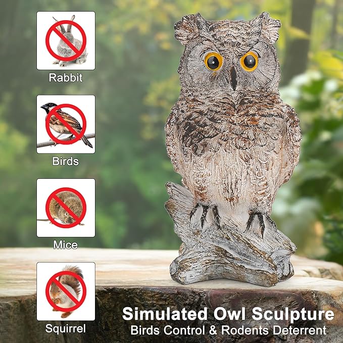 Owl Outdoor Statue Figurine Decoration, Hand-Painted Owl on Branch, Waterproof, Fade-Proof Sculpture for Garden, Patio, Home Decor Statue (Brown)