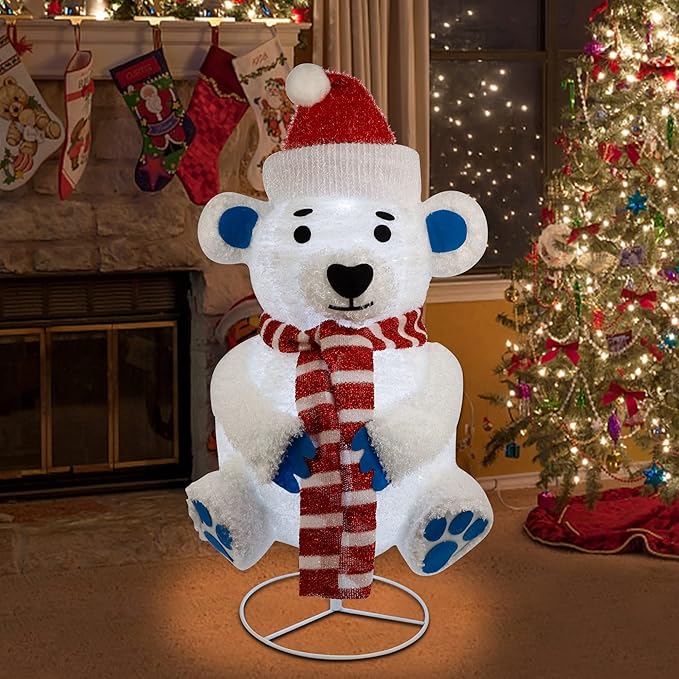 Glintoper Lighted Christmas Decorations, Pre-Lit Pop Up Plush White Bear with Built-in Lights, Collapsible and Easy-Assembly, Light Up Polar Bear for Indoor Outdoor Holiday Xmas New Year Winter Decor