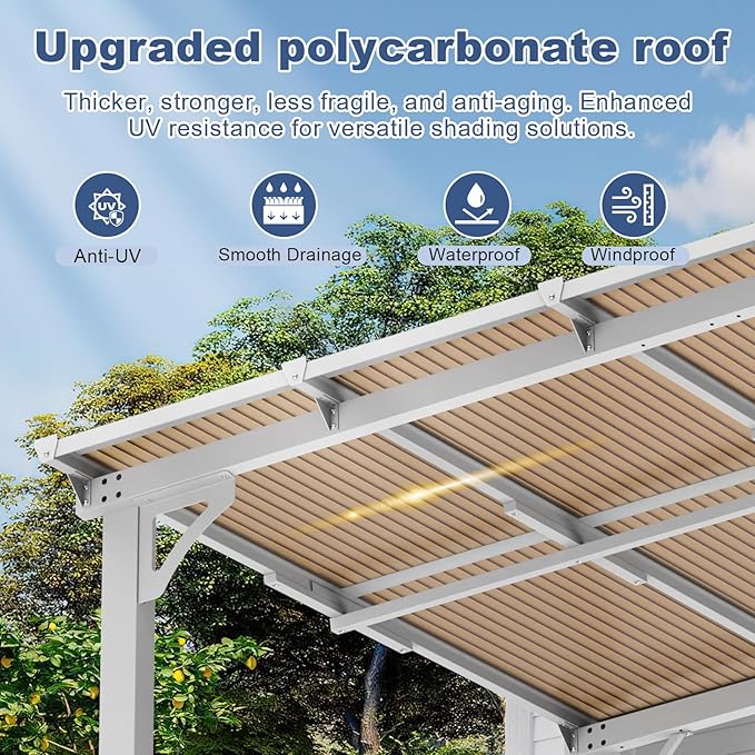 MEISSALIVVE 10' x 12' Wall Mounted Lean to Metal Awnings with Sloped Roof, Outdoor Patio Gazebo Awning for Backyard, Deck, White