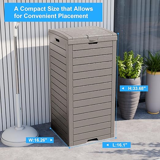 Outdoor Trash Can with Lid, Outdoor Trash Bin & Pull-Out Liquid Drawer, Dual Lid Closure Design, Waterproof Resin Garbage Can Container for Patio, Backyard, Deck (Grey, 31 Gallon)