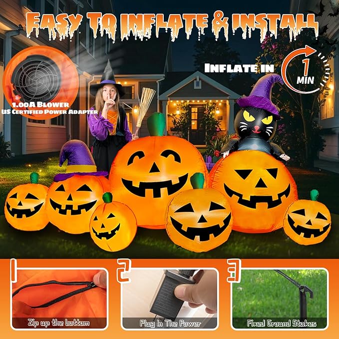 8 FT Long Halloween Inflatables Pumpkin Outdoor Decorations, 7 Pumpkins Outside Decoration with Black Cat with Build-in LEDs Blow Up Inflatables for Party Yard Lawn Garden Decor