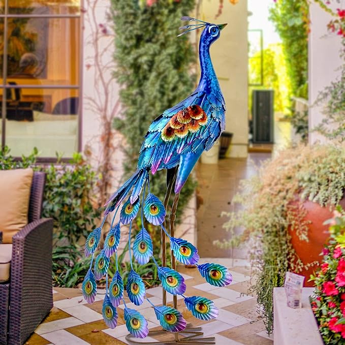 Kircust Peacock Garden Statue and Sculpture, Metal Peacock Yard Art Decor, Standing Bird Outdoor Sculptures for Patio Backyard Lawn Home Decoration