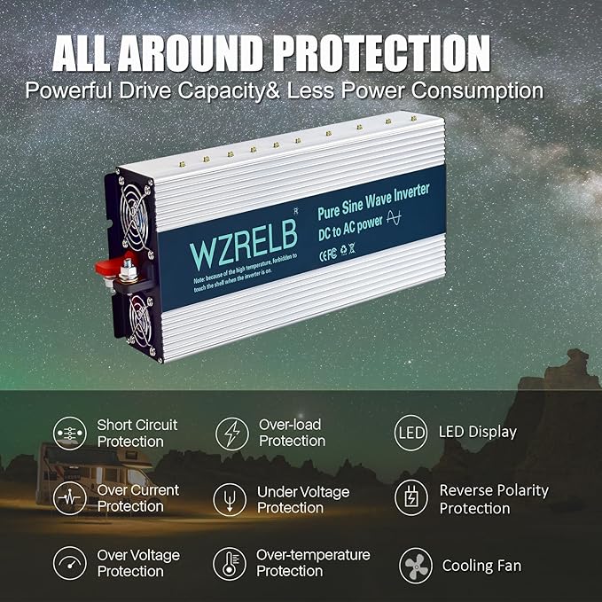 WZRELB 4000W Pure Sine Wave Inverter 12V DC to 110V 120V AC Power Converter with LED Display, Hardwire Terminal,Off-Grid Portable Power Inverter with Dual AC Outlets for Home, RV, Truck, Camping
