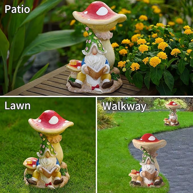 Solar Garden Outdoor Statues Gnome Reading Under Mushroom with 5 LED Solar Figurine for Lawn,Patio,Balcony,Yard Decor Unique Housewarming Gift for Grandfather, Father,Grandma,Wen