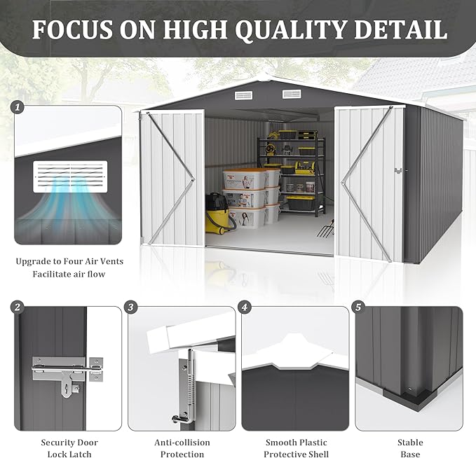 10x14 FT Outdoor Storage Shed, Metal Shed with Floor, Lockable Door & Vents, All-Weather Resin Shed for Garden, Backyard, Patio, Lawn, Dark Gray