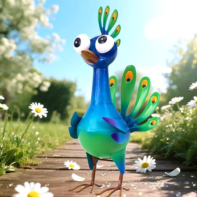 Metal Peacock Statue Garden Decor Cartoon Peacock with Bobbling Eyes Yard Art Lawn Patio Decoration Outdoor Sculpture for Housewarming Birthday Wedding