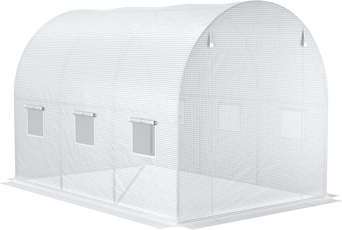 Outsunny 9.8' x 6.6' x 6.6' Plastic Greenhouse Cover Replacement, Heavy Duty Waterproof Tarp for Hoop House, Sheeting with 6 Windows, Door & Reinforcement Grid, White