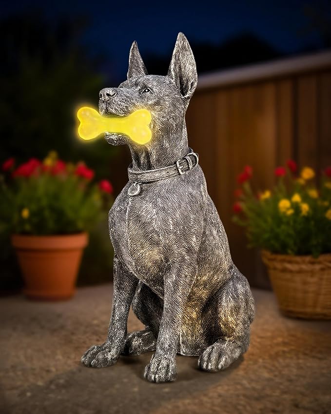 Dog Solar Garden Statue with LED Light - Outdoor Yard, Lawn, Patio Doberman Decor - Unique Birthday Housewarming Gift for Dad, Mom, Men, Women
