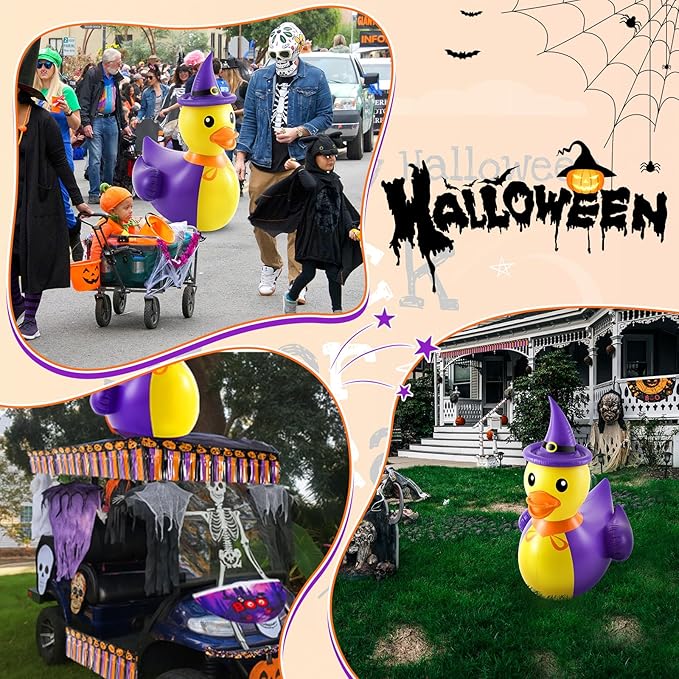 Hungdao 4ft Halloween Inflatable Witch Duck Halloween Golf Cart Decorations Kit PVC Blow Ups Witch Duck Tinsel Garlands Tinsel Streamers Fan Flag, Reusable Outdoor Decoration for Parade Yard
