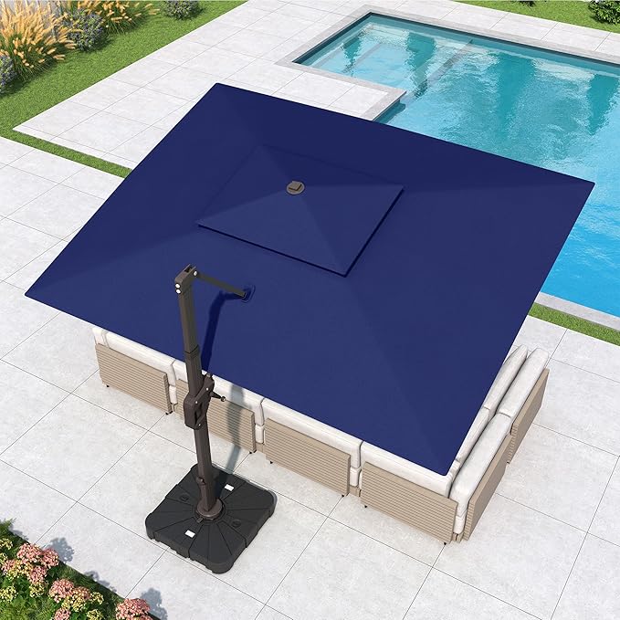 10x13 FT Cantilever Patio Umbrella Double Top Outdoor Rectangular Large Heavy Duty Aluminum Offset Umbrellas with 7 Level Tilt 360-degree Rotation for Pool Garden Deck, Navy
