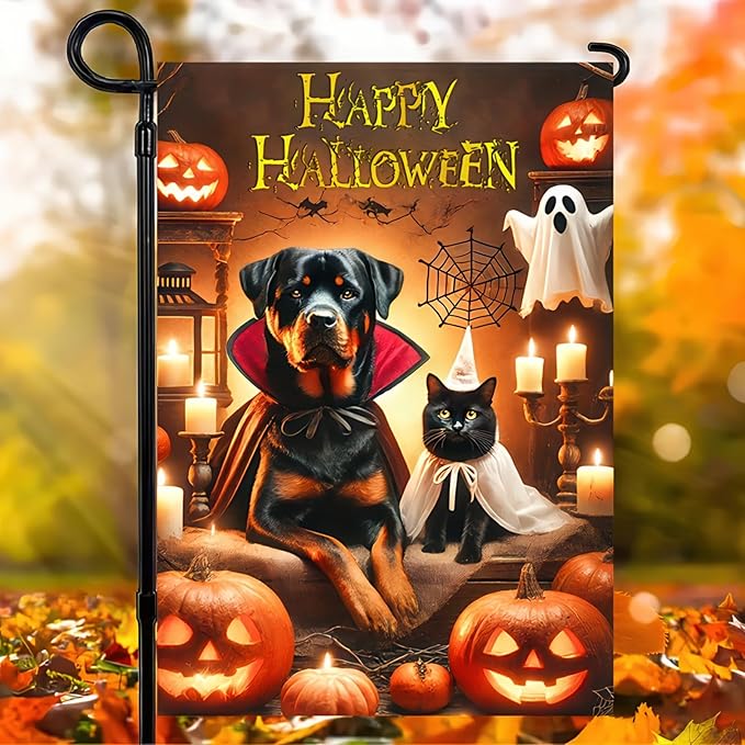 Happy Halloween Garden Flag Double Sided 12x18 Flag Halloween Cat Dog Ghosts Pumpkins Garden Flag Holiday Decoration Rottweiler Black Cat Garden Flag Porch Outdoor Yard Lawn Patio Banner