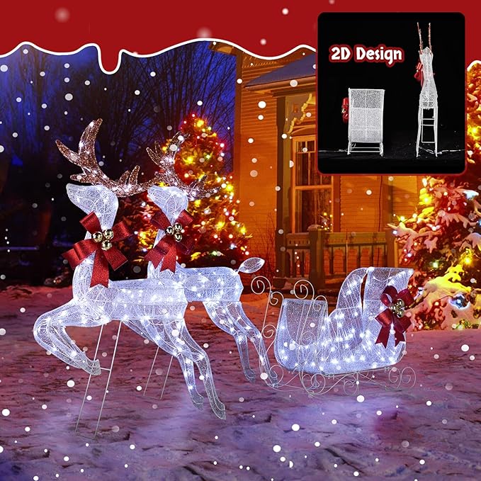 Christmas Decorations: Lighted Reindeer & Sleigh Outdoor Display, Multicolor, 270 LED Lights, Weatherproof, Easy Assembly
