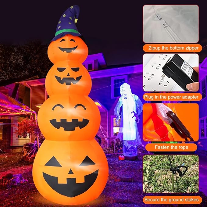 DearSun 12FT H Giant Halloween Inflatable Stacked Pumpkins with Witch's Hat, Blow up 4 Pumpkins Inflatable with Build-in LED Lights Outdoor Decorations Large Party Yard Decoration
