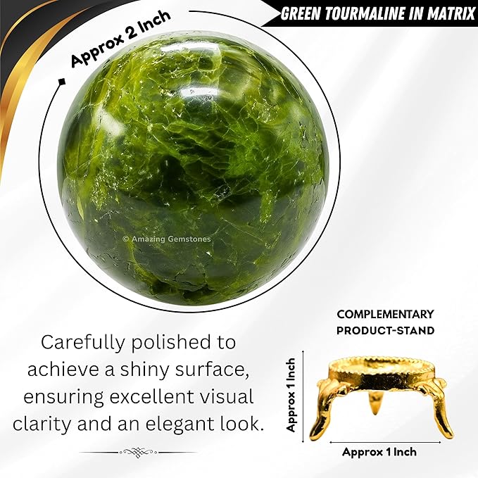 Amazing Gemstone Green Tourmaline in Matrix Crystal Ball with Stand - 2 Inches Crystal Sphere Meditation Balls for Witchcraft and Decorative Balls