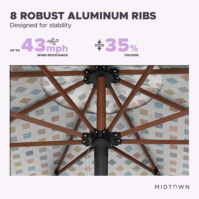 Midtown Umbrellas The Wooden 9 Feet Patio Umbrella With Sunbrella Infused Gem Acrylic Fabric - Aluminum Frame Market Umbrella For Backyard, Deck, Garden, Pool - Wooden Pole