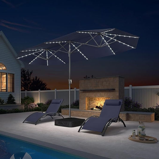 PURPLE LEAF 13ft Double-Side Patio Umbrella with Solar Lights Outdoor Market Umbrella with Base and Crank Handle Table Umbrella for Backyard Pool Garden Deck, Navy blue