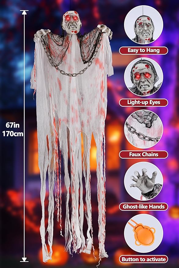 Joomer Animated Halloween Decorations, Life-Size Animatronic Hanging Ghost Scary, Faceless Grim Reaper Swing White Robe with Creepy Sound and Light for Indoor Outdoor Horror Decor
