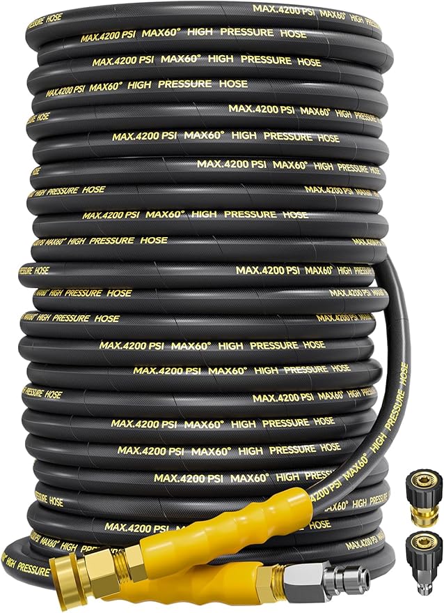 4200PSI Pressure Washer Hose 150FT with 3/8" Swivel Quick Connect for Cold/Hot Water, Kink Resistant Steel Wire Braided, Wear Resistant Power Washer Hose with 2 M22 14mm Adapter Set
