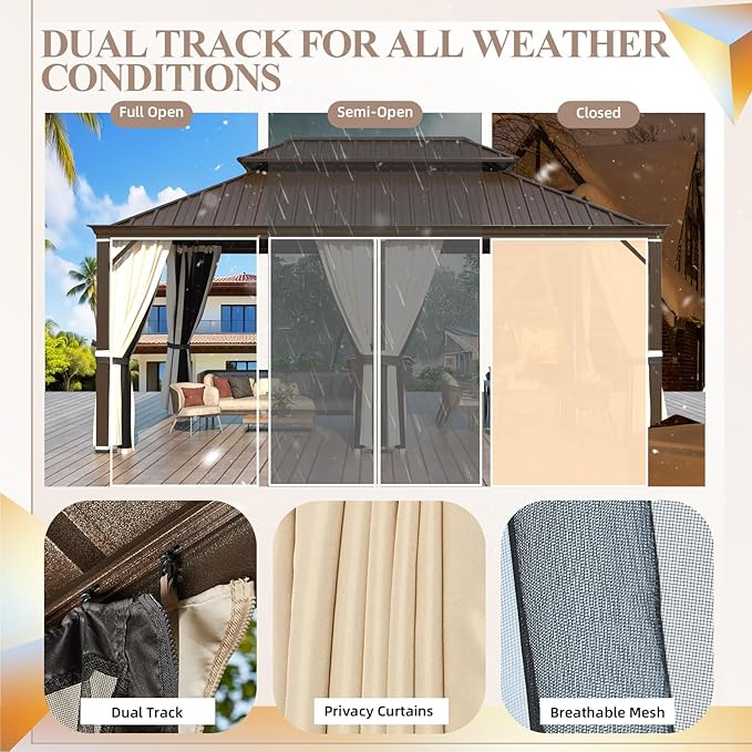 YOLENY 12' x 18' Gazebo, Galvanized Steel Double Roof Hardtop Gazebo with Aluminum Frame, Permanent Outdoor Metal Pavilion with Curtain and Netting for Patio, Lawn and Garden