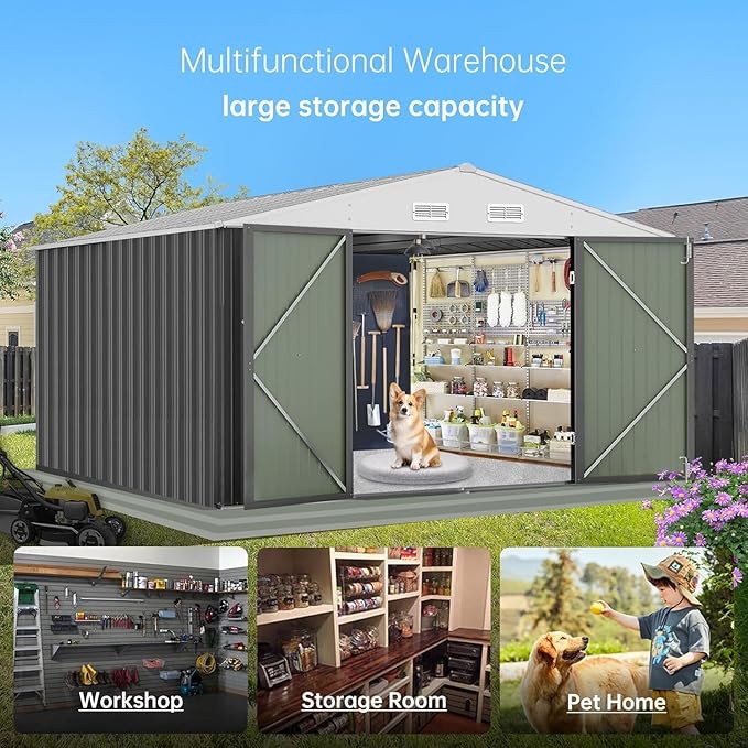 12X10FT Metal Outdoor Storage Shed - Galvanized Steel Waterproof Garden Shed with Lockable Doors & Vents, All-Weather Utility Tool Shed for Lawn Mower, Bike