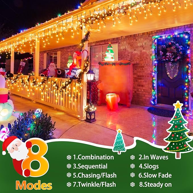 KNONEW 33FT 400 LED Christmas Lights Outdoor Black Wire String Lights with 75 Drops, 8 Lighting Modes, Timer Memory Function Connectable Hanging Curtain Lights for Halloween Party Decor (Warm White)