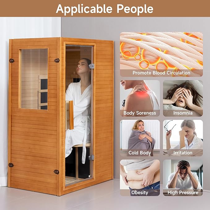 Real Relax Far Infrared Sauna, Home Indoor Sauna Room Canadian Hemlock Wooden Dry Saunas 950W 120V with Control Panel and 6 Low EMF Heaters Panels for Personal Spa
