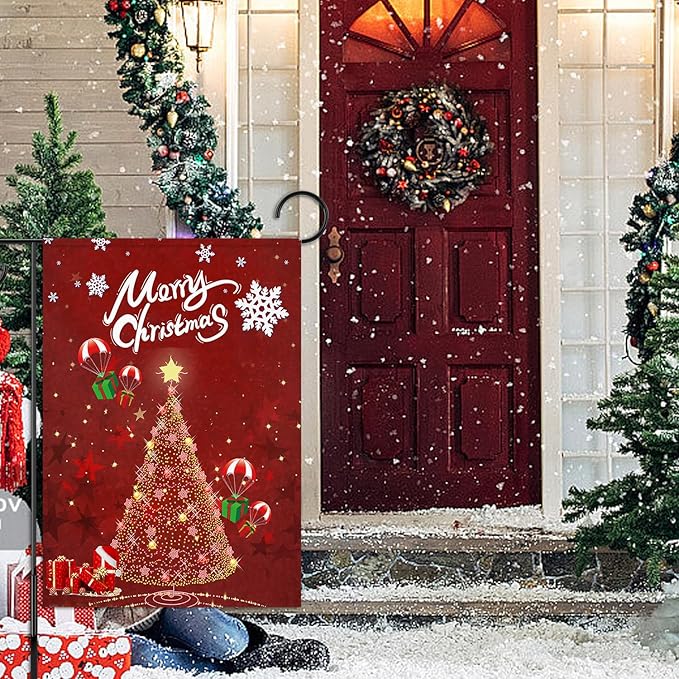 Merry Christmas Garden Flag 12 x 18 Inch Vertical Double Sided Glowing Xmas Trees Landing Gift Boxes Winter Holiday Decoration Outdoor Yard Lawn Flag