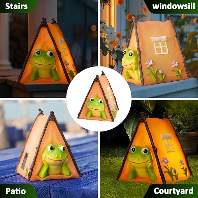 Solar Frog Garden Statues Outdoor Decor, Resin Outdoor Tent Statues with Solar Light, Yard Decorations Outdoor for Patio, Porch, Balcony, Lawn Ornaments, Housewarming Birthday Gifts for Mom Women