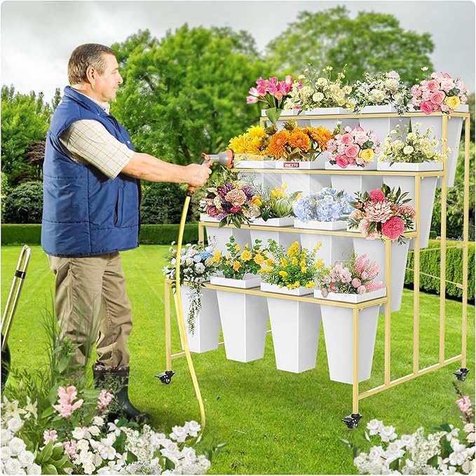 Flower Display Stand 4 Layers with 16 PCS Square Buckets, Plant Stand with Wheels, Movable Metal Plant Stand for Terrace Garden, Living Room, Florist Shop