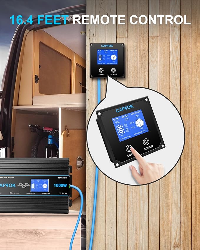 1000W Pure Sine Wave Inverter DC 12V AC 120V Double LCD Screen Remote Control Power Inverter 30W USB-C 4AC Outlets for RV, Home, Solar System CAPTOK