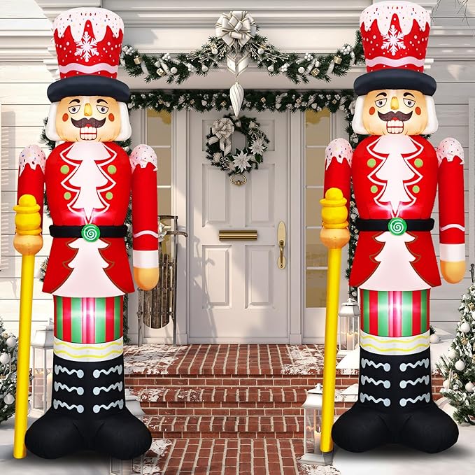 Christmas Inflatables 8FT Nutcracker Figurine Red & White Soldier with Candy Cane Stripes, Staff & Crown Hat Festive Holiday Blow Up Decoration for for Lawn, Garden or Xmas Display
