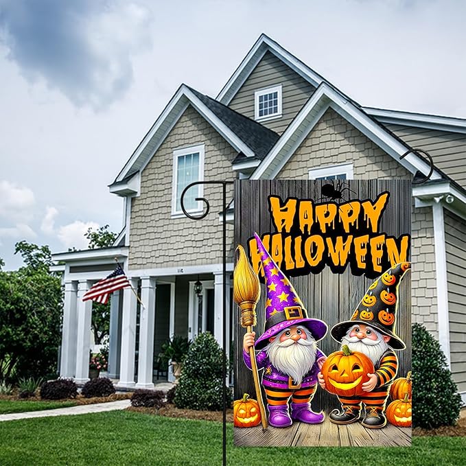 Halloween Horror Garden Flag 12x18 Inch Pumpkin Gnome Happy Halloween Flag Lantern Flames Outdoor Yard Decor House Banner Porch Lawn Patio Home Decoration