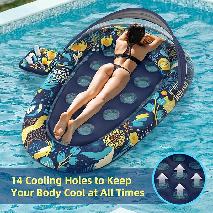 3-in-1 Pool Floats with Canopy Cup Holder, Large 73" x 48" Pool Floats Adults Heavy Duty, Inflatable Lounger Raft Floating Chair with Backrest, Swimming Pool Lake Beach Pool Party