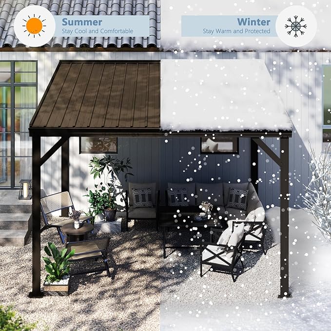 Domi 10’x10’ Wall-Mounted Hardtop Gazebo Pergola – Permanent Lean-to Outdoor Shelter with Sloped Galvanized Steel Roof & Upgraded Drainage – Grey Metal Patio Cover for Backyard, Deck, Garden, Brown