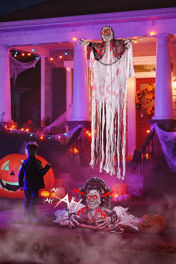 Joomer Animated Halloween Decorations, Life-Size Animatronic Hanging Ghost Scary, Faceless Grim Reaper Swing White Robe with Creepy Sound and Light for Indoor Outdoor Horror Decor