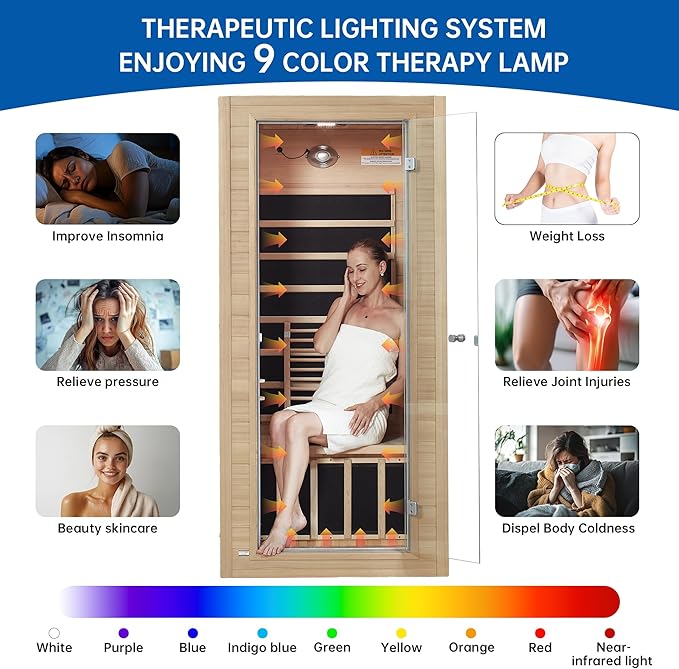 Infrared Sauna Room for Home, Near Zero EMF Wooden 1 Person Indoor Home Sauna with Bluetooth, LCD Control Panel, Chromo Therapy Light