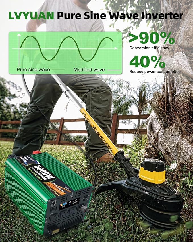 5000W Pure Sine Wave Power Inverters, LVYUAN 10000W Peak Power 12V DC to AC 120V Power Converter for RV, Truck, Outdoor, Remote Control Quadruple AC Outlets and USB Ports Inverter with LCD Display