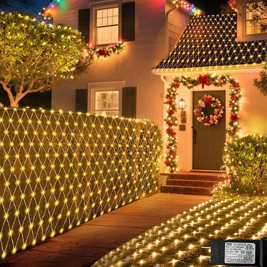 Christmas Net Lights, 610 LED Large Outdoor Net Mesh Lights 34.5X 5ft, 8 Modes Waterproof Twinkle String Lights Connectable for Bushes Halloween Yard Decor, Warm White