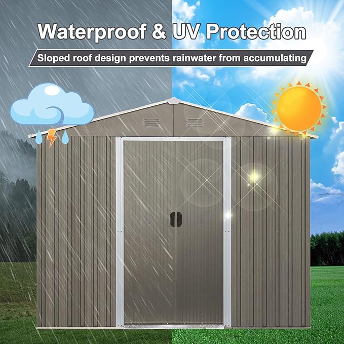 6x8 FT Outdoor Storage Shed, Metal Garden Shed with Frame Floor, Outside Tool Shed with Lockable Sliding Doors, Waterproof Storage Building with Sloped Roof for Backyard, Patio, Lawn, Gray