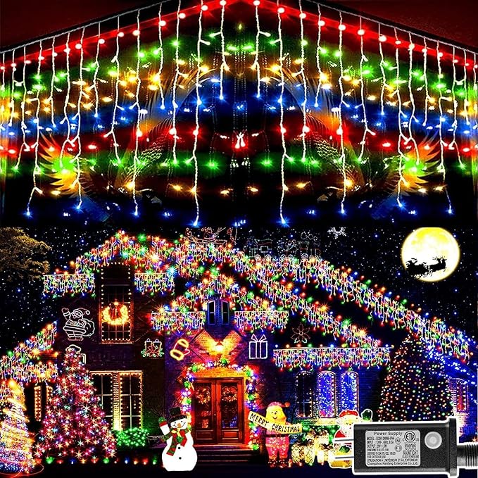 KNONEW 99ft 960 LED Christmas Lights Outdoor Decorations with 180 Drops, 8 Modes Curtain Fairy Light, Clear Wire LED String Light Indoor Decor for Wedding Party Christmas(Multicolor)