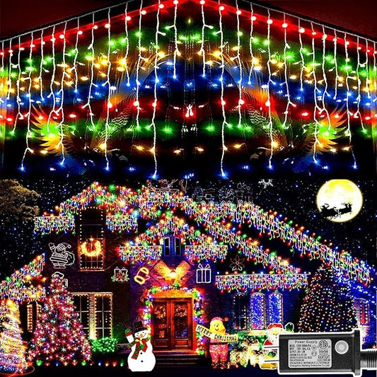KNONEW 99ft 960 LED Christmas Lights Outdoor Decorations with 180 Drops, 8 Modes Curtain Fairy Light, Clear Wire LED String Light Indoor Decor for Wedding Party Christmas(Multicolor)
