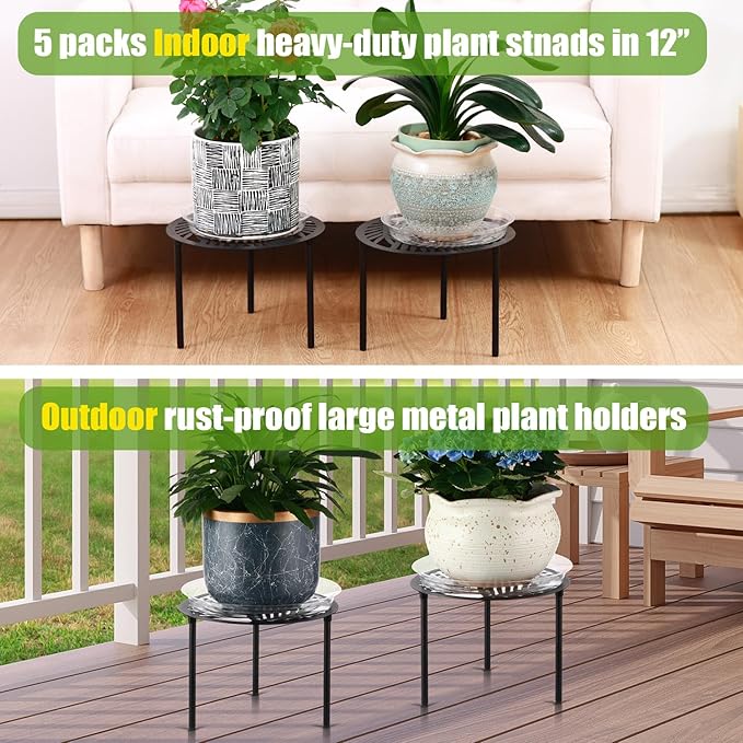 5-Pack 12” Heavy-duty Metal Plant Stands Large Flower Pot Holder for Indoor Outdoor Rust-proof Iron Potted Planter Stand Modern Round Corner Stand Shelf for Living Room Patio Garden Yard
