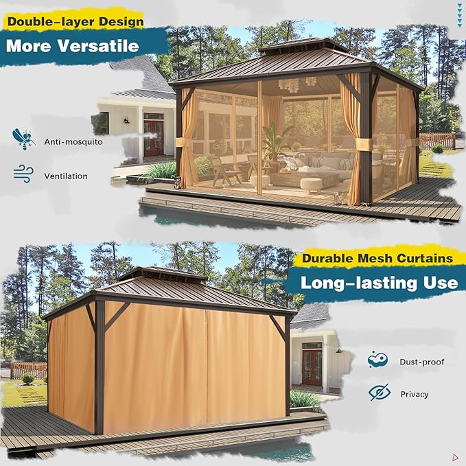 MELLCOM 12'x14' Hardtop Gazebo, Metal Double Roof Aluminum Gazebos with Curtain and Netting,Brown Permanent Galvanized Steel Pavilion for Patio, Lawn & Deck