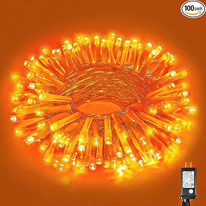 Vivideal 100 LED Orange Halloween Lights Outdoor Waterproof 33ft Halloween String Lights Indoor 8 Modes Clear Wire, Plug in Orange String Light for Xmars Tree Bedroom Thanksgiving Decorations