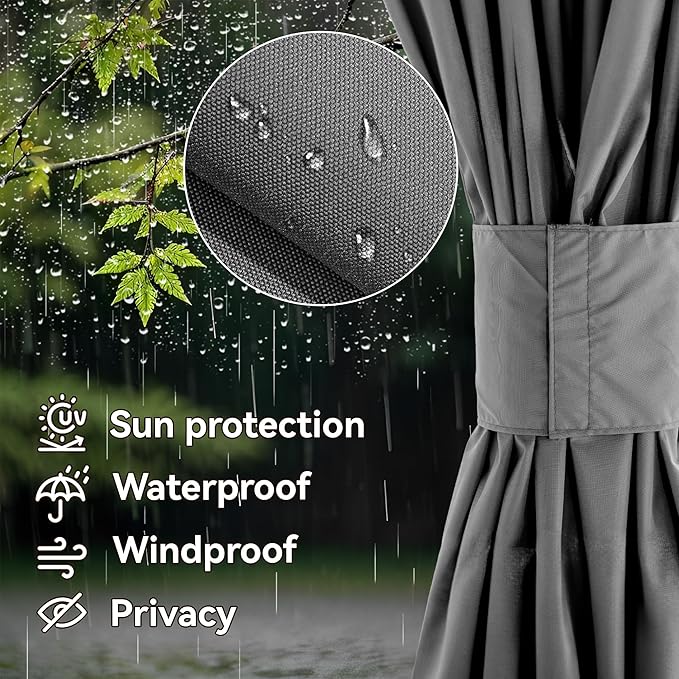 Gazebo Curtain Replacement Universal 4-Panel Sidewalls 10' x 12', Outdoor Gazebo Privacy Curtains with Zipper, Replacement for Patio Canopy, Garden, Backyard, Grey (Curtain Only)