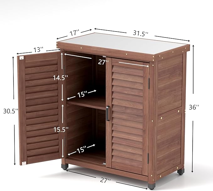 Elegant Brown Solid Wood Potting Bench with Storage Cabinet & Durable Metal Table Top for Outdoor Patio, Perfect Garden Furniture Workstation 31.5x17x36