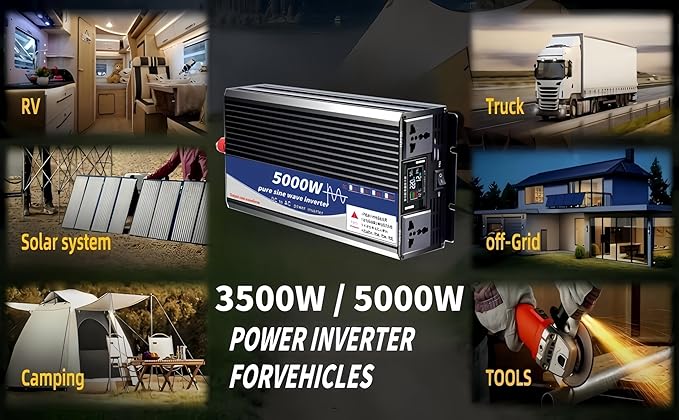 5000W Power Inverter 48V DC to 110V AC Converter with LED Display Dual AC Outlets Dual Fans Radiating for RV, Camp, Boat and Home Emergency Portable Pure Sine Wave Inverter (Smart Screen, 5000W 48V)