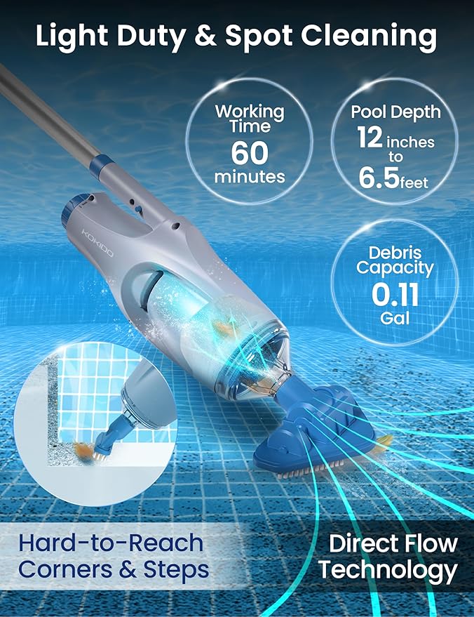 KOKIDO Rechargeable Handheld Hot Tub Spa Pool Vacuum, IPX8, Aluminum Pole and 2 Brush Heads, Ideal for Inflatable, Above Ground & Pools up to 20ft, 60-min Cordless Spot Cleaning Sand and Debris XV110